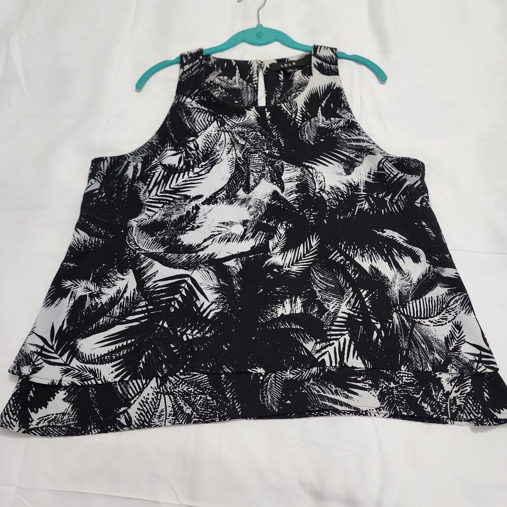 LDLA Womens L Tunic Top Black White Floral  Leaves Polyester Tropical Sleeveless